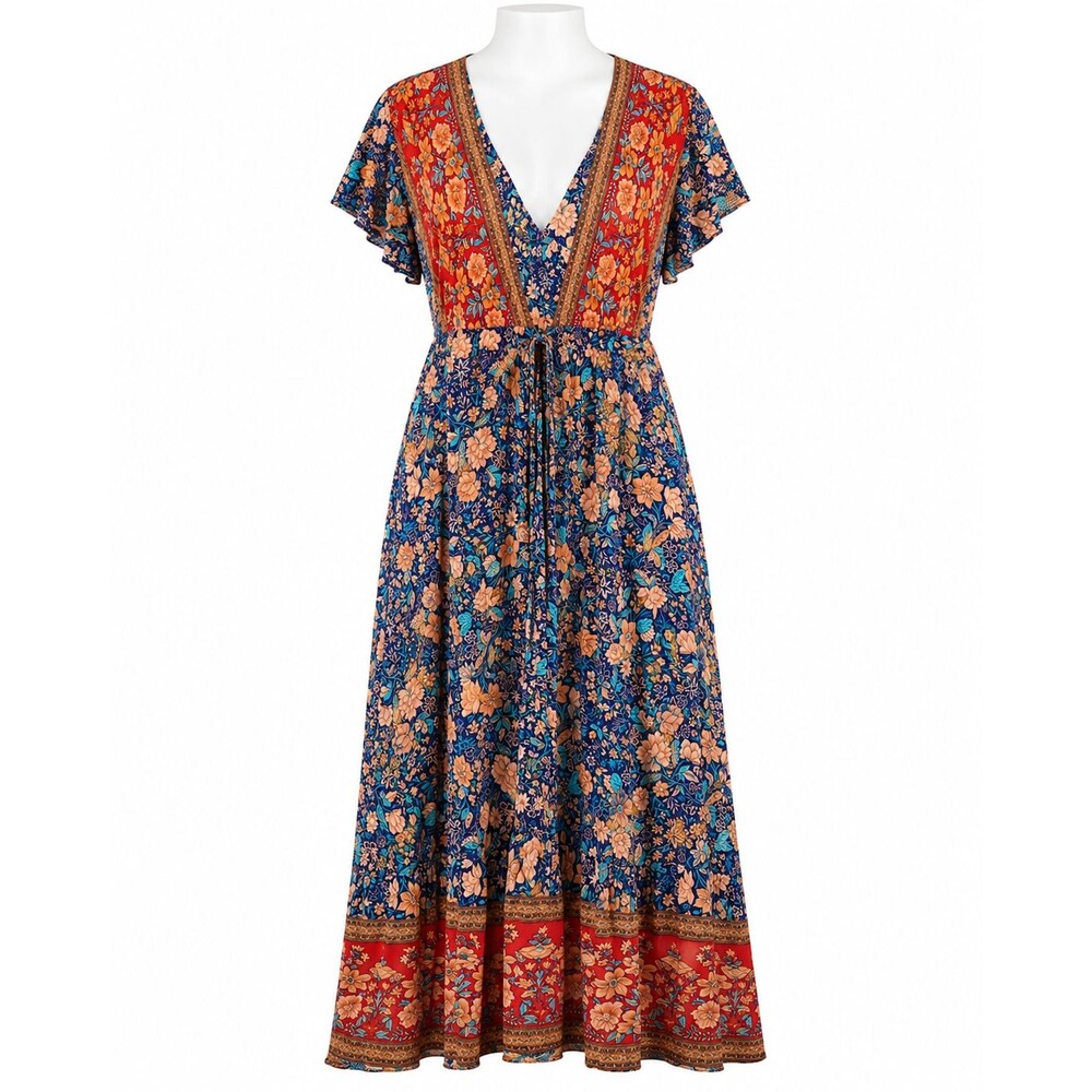 Zesica Womens XL Boho Floral Maxi Cover Up Dress Blue Orange  Open Tie Front